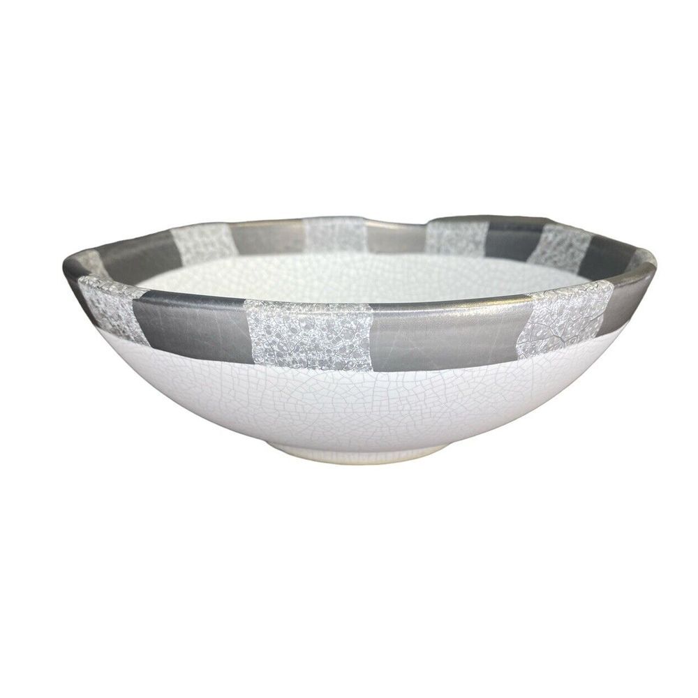 Michael Wainwright Art Pottery Ceramic Bowl Platinum Crackle Ivory Gray - Picture 2 of 15